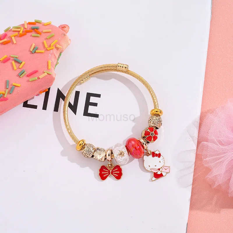 Sanrio Stainless Steel Bangle Cute Hello Kitty Flower Bowknot Charms Bracelets for Women Girls Lovely Accessories Jewelry Gifts L250925