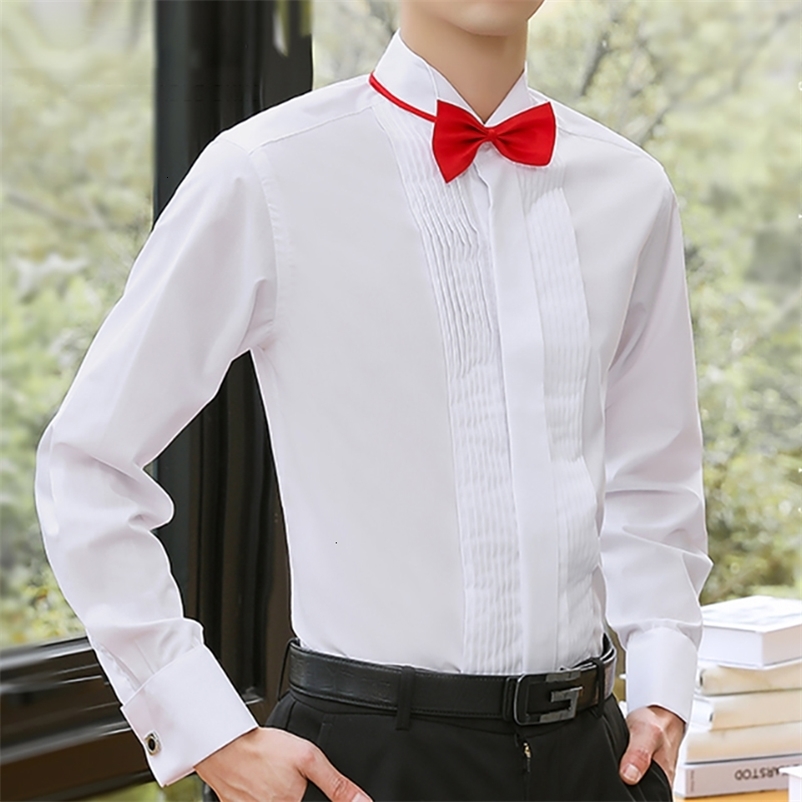 Men's Casual Shirts Mens Wing Tip Collar Dress Shirt White Red French Cuff Button Men Wedding Shirt Business Formal Party Tuxedo Dress Shirts Bow
