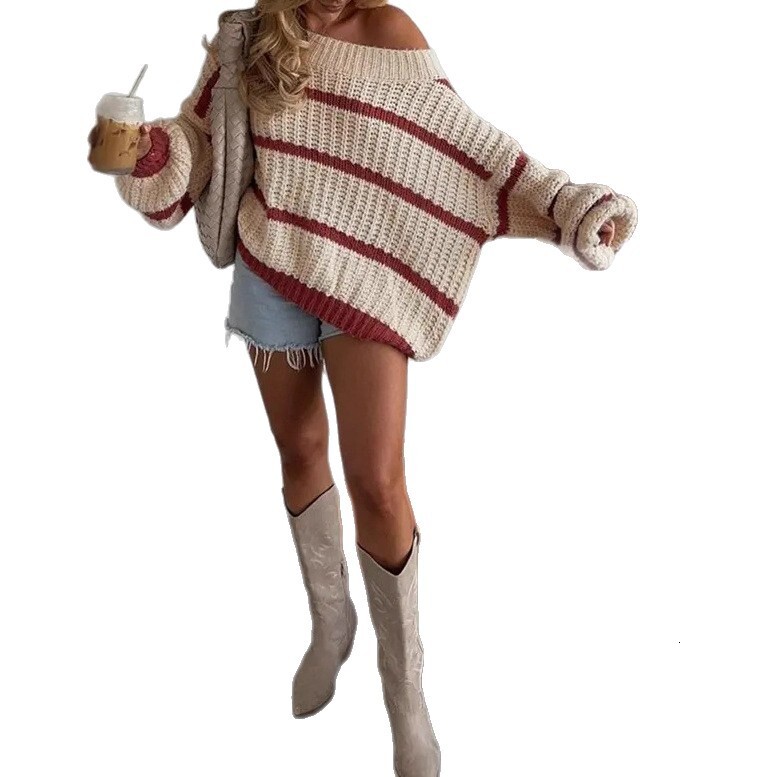 Autumn Winter Casual Striped Lantern Sleeve Off-Shoulder Knitted Sweater Fashion Loose Top for Women