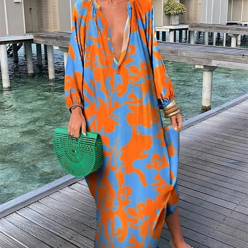Elegant Womens Maxi Dress Summer Casual Fashion Retro Printed V-neck Loose Bohemian Long Beach Dress Womens Robe 241231