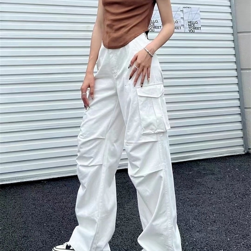 Women's Pants Capris HOUZHOU Y2K Retro White Cargo Pants Women Vintage 90s Aesthetic Oversized Brown Parachute Trousers Female Hippie Wide Pocket
