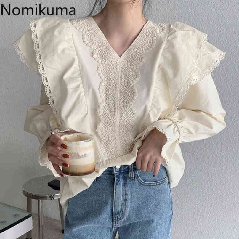 Nomikuma Autumn Chic V-neck Women Shirt Korean Lace Patchwork Ruffle Blouse New Flare Long Sleeve Slim Waist Blusas 6D285 210427