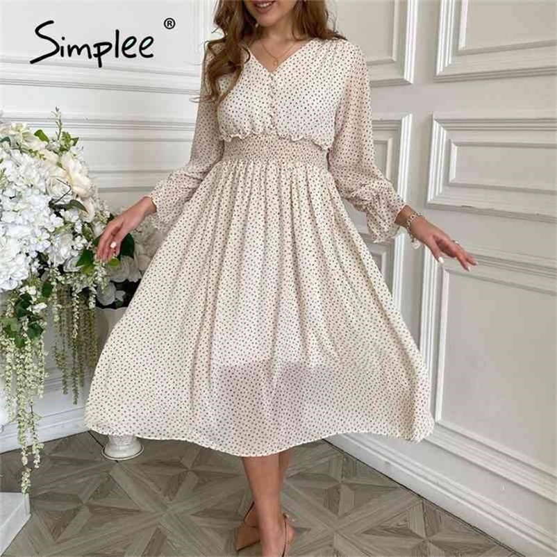 casual flare sleeve dres Elegant V-neck Polka Dot print sash dress A-Line holiday female midi dress autumn 210630