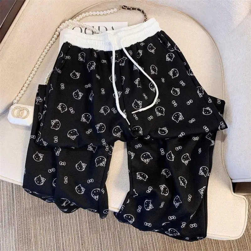 Sanrio Hello Kittys Print Loose Casual Wide Leg Pants Women Summer Fashion Straight Tube Lazy Leisure Comfortable Trousers L250925