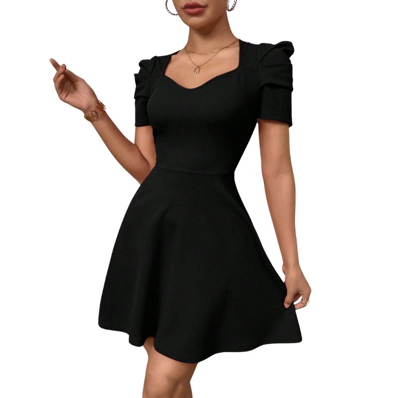 Women's Elegant Milk Silk Short Dress, Black Puff - Sleeve Waist - Cinched Dress for Party & Date-sz25144
