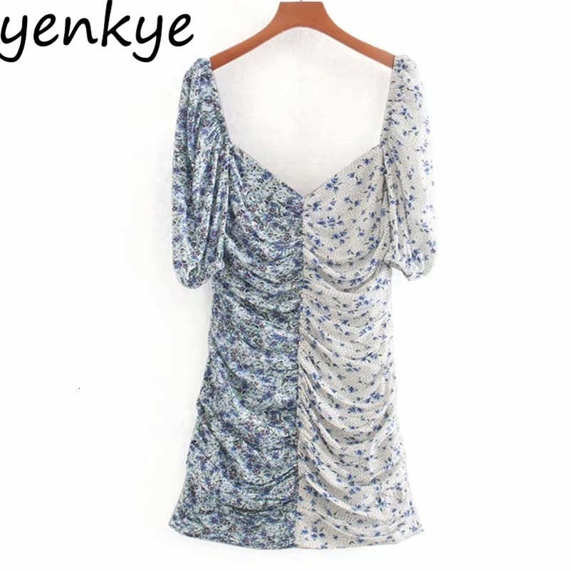 Summer Women Vintage Patchwork Floral Print Dress Sexy V Neck Short Sleeve Draped Bodycon Chiffon Dress mini vestidos 210515