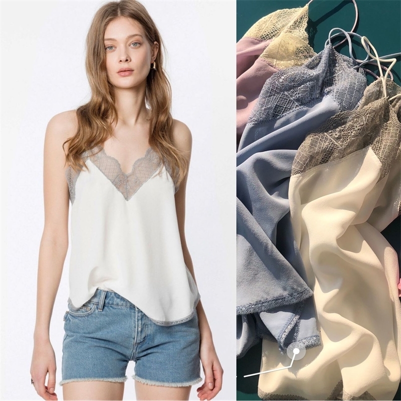 Camisoles Tanks 100% Silk Lace Camis Women's Sleeveless Summer Sexy Ladies Tops 230327