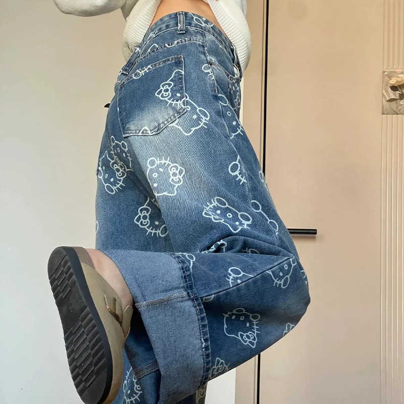 Sanrio Hello Kitty Womens High Waist Straight Leg Denim Pants Stretch Comfort Leg Jeans Breathable Dark Blue Wide Leg Jeans for Women L250925