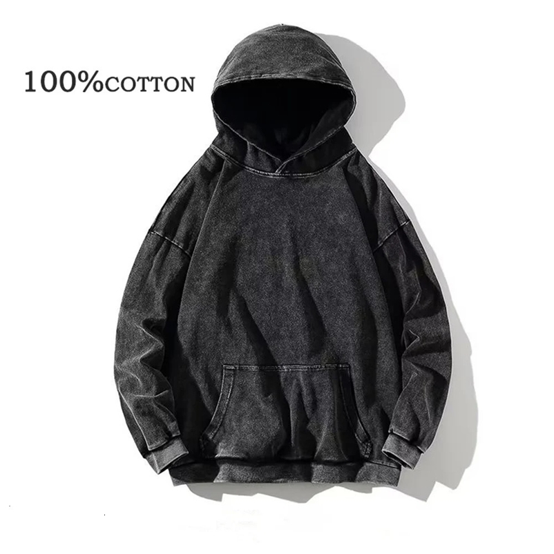 100% Cotton Men's Clothing Vintage Black Acid Wash Hoodies Men Women Oversized Hip Hop Sweatshirts Casual Pullover Y2K Clothes 231226