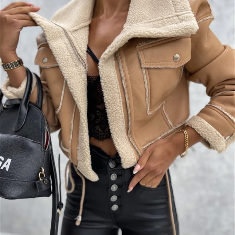 WSEVYPO wool patch work suede winter warm jacket womens casual long sleeved lapel collar zipper jacket street party jacket 241007