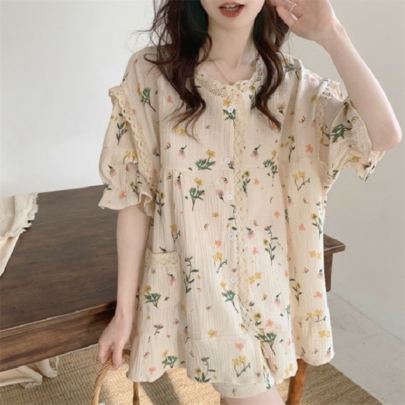 Women's Sleepwear Pajama Sets Turn-down Collar Short Sleeve Women Summer Grid Cherry Bear Print Cartoon Kawaii Trendy Womens 2pcs Pyjamas Elegant