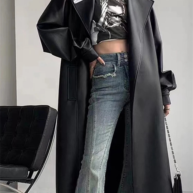 Elegant Autumn Long Leather Coat For Women Casual Lace Up Long Sleeve Female PU Jacket Locomotive Lady Tops Streetwear 250118