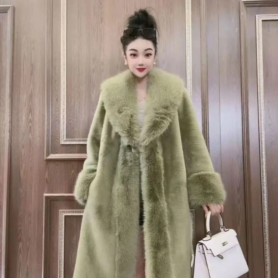 Faux Fur Coats Women Long Coat Thick Warm Turn Down Collar Open Stitch Spring Outerwear Jackets Elegant Splice Autumn Winter 250916Z