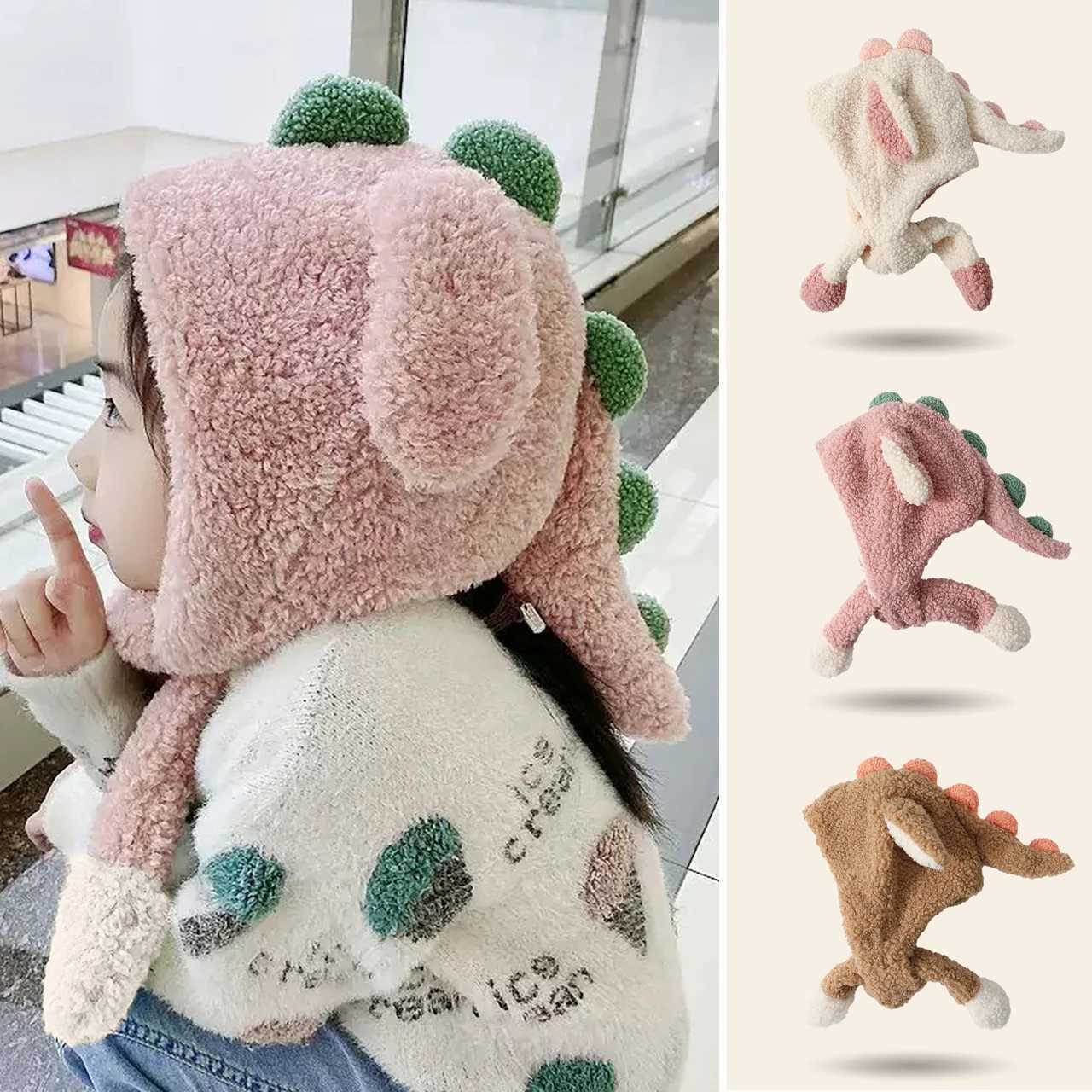 Winter Kids Plush Scarf Hat With Movable Ears Cute Dinosaur Thermal Headgear Windproof Warm Children Ear Protection Cap 26Year L250925QO67