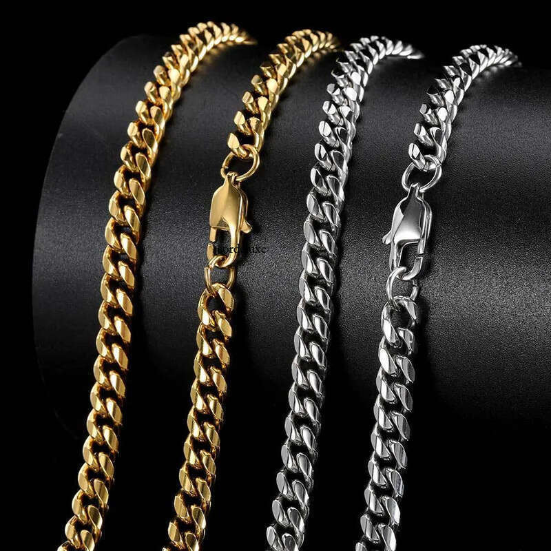 Hip Hop Cuban Link Chain Real Gold Plated Stainless Steel Metal Necklace for Men 4mm 6mm 8mm 1a