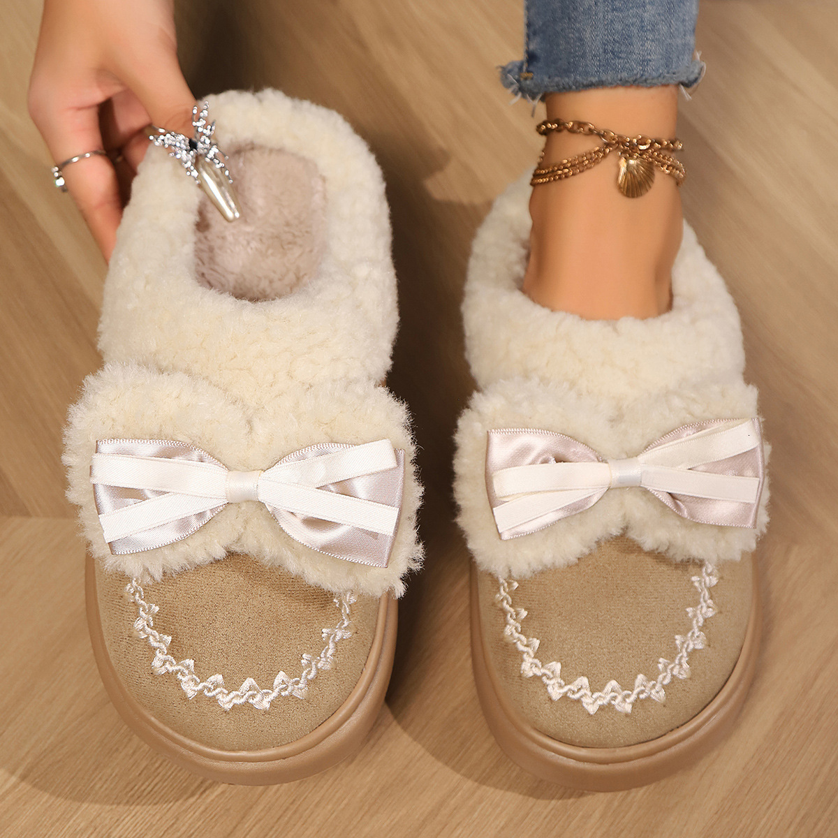 Cute Bow 2025 Autumn Winter New Plush Warm Outdoor Thick Sole Cotton Slippers for Women ddmymarket
