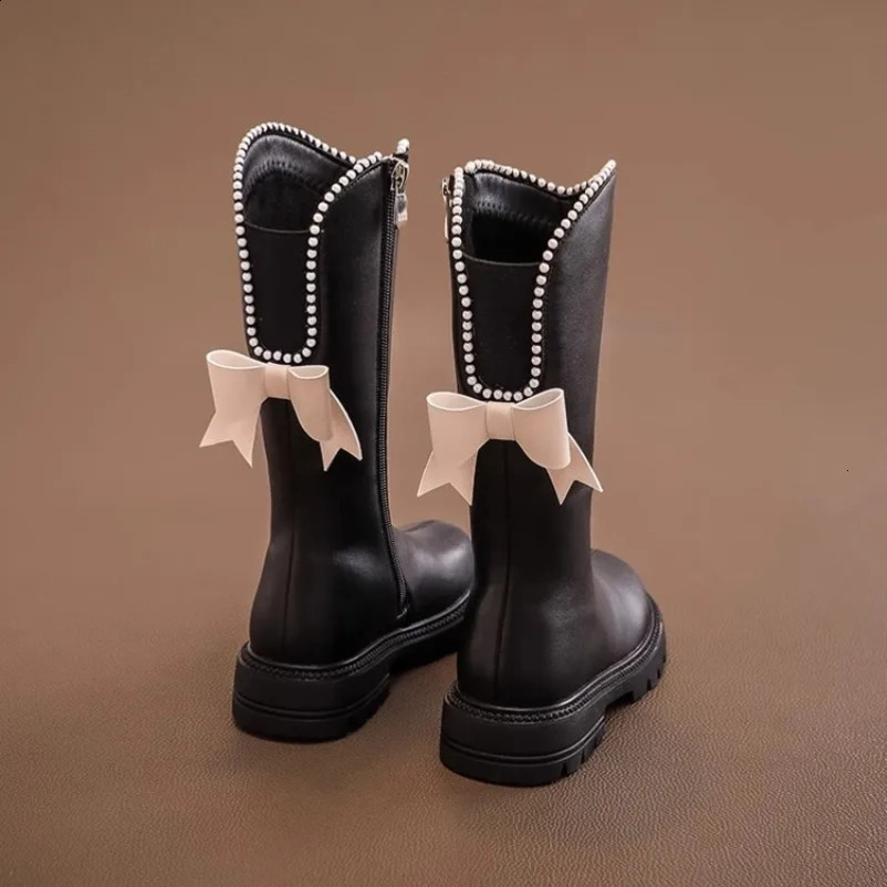 Childrens shoes girls soft soled cotton shoes winter long leather boots pearl edged princess boots Marys bow mid length boots Chaussure 240918