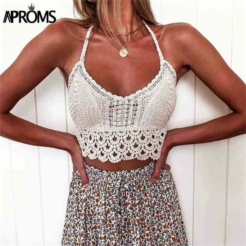Aproms Boho White Lace Tassel Knitted Camis Women Summer Sexy Backless Hollow Out Beach Tank Tops Casual Halter Crop Top 210625