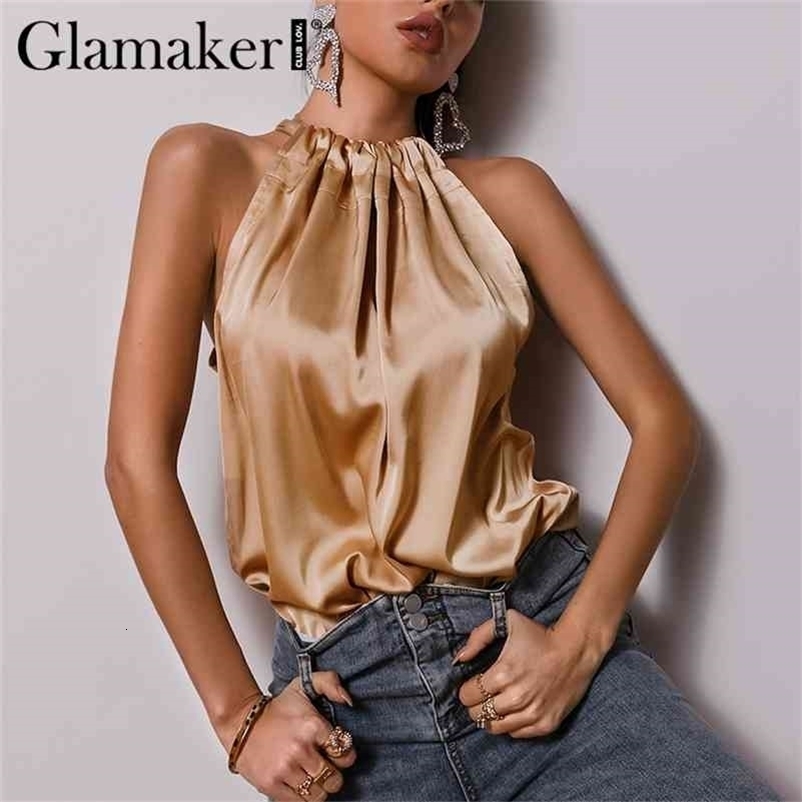 Glamaker Satin Ruffles casual loose sleeveless sexy top Women elegant office ladies all-match pleated summer top 210625