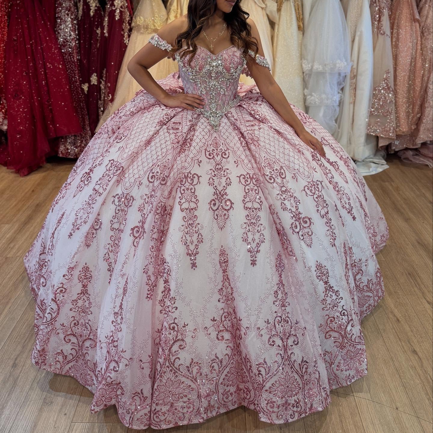 Glitter Quinceanera Dress Bow Detachable Off-Shoulder Boned Corset Sparkle Pink Quince Ballgown Sweet 15/16 Birthday Party Gown Vestidos De 15 Anos Charro Mexican
