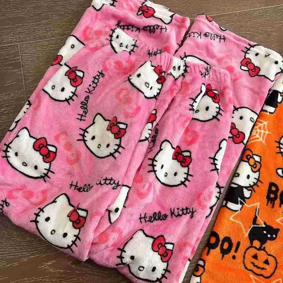 Sanrio Kawaii Hello Kitty Flannel Pajama Pants Girls Pants Autumn and Winter Coral Velvet Thickened Plus Velvet Warm Casual Home Pants L250925