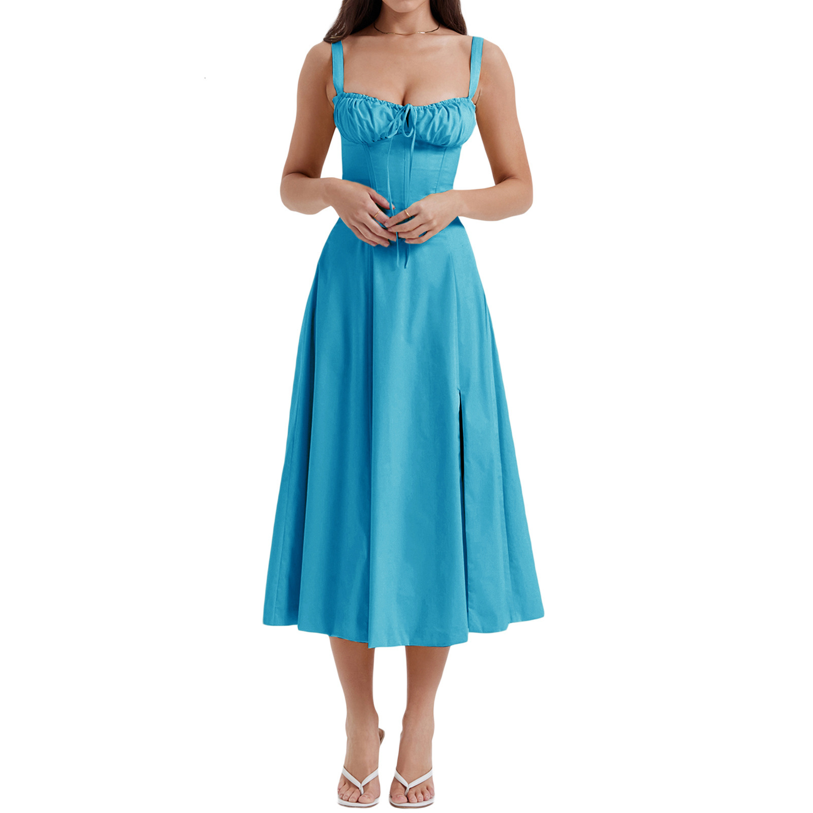 Summer New French Style Elegant with Tie Waist Slimming A-line Slit Strap Dress for Women