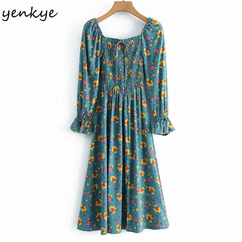 YENKYE Vintage Green Floral Print Dress Women Sexy Square Neck Long Sleeve A-line Midi Lady Dresses Holiday Summer Vestido 210515