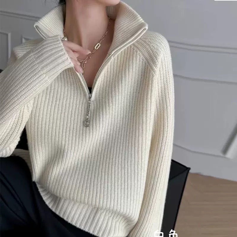Autumn Winter New Loose Thick Fashion Design Turn-Down Collar Zipper Solid Color Knitted Sweater Women Pullover