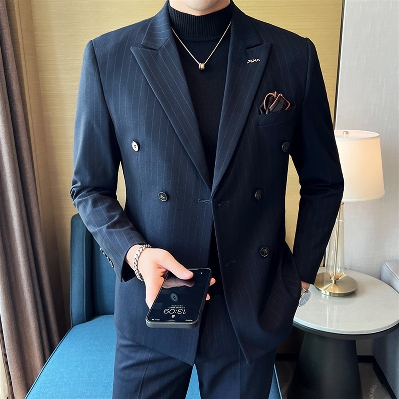 Men's Suits Blazers Plus-size S-7XL Blazer Pants Men's Fashion Gentleman Slim Fit Business and Leisure Double Row Officiating Wedding 2 Sets