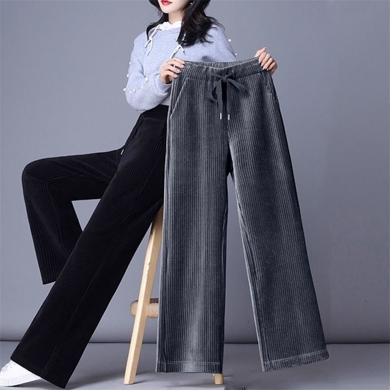 Women's Pants Capris Winter Corduroy Thicken Loose Wide Leg Pants Pockets High Waist Solid Elastic Lace-up Casual Oversize Women Straight Trouser