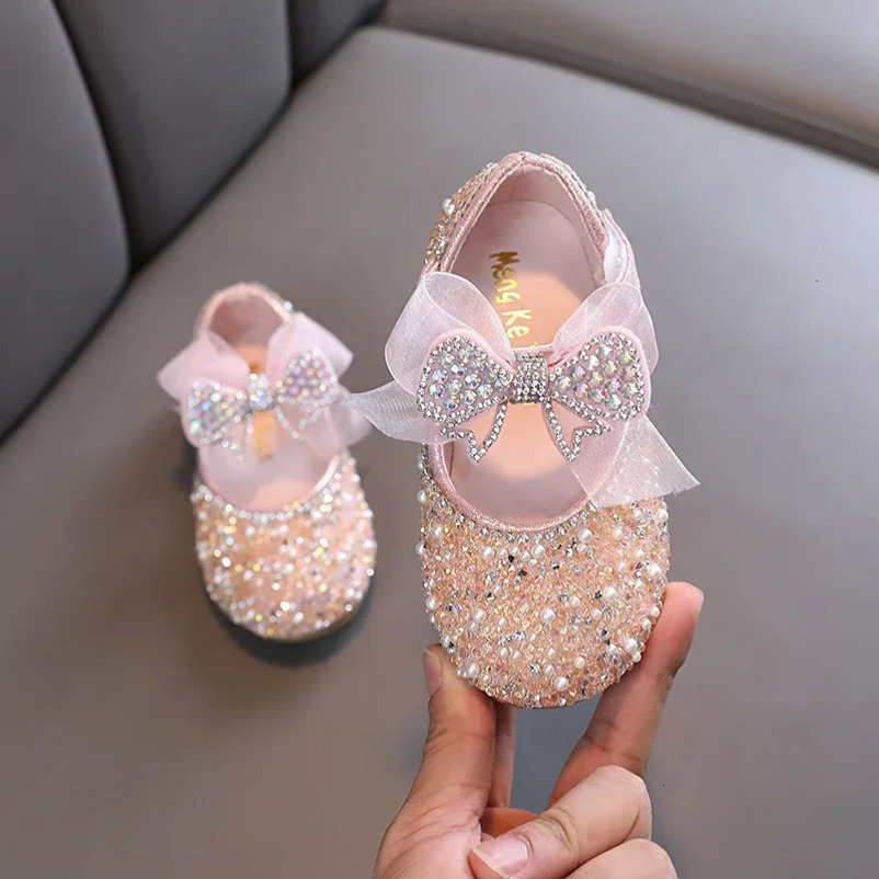 Childrens Sequined Leather Shoes Girls Princess Rhinestone Bowknot Single Shoes Fashion Baby Kids Wedding Shoes 241219
