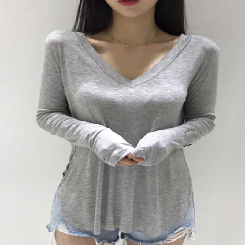 Casual V Neck T Shirt For Women Spring Korean Style Woman Clothes Basic T Shirts Long Sleeve Tops Loose Tee Shirt Camisetas 250603