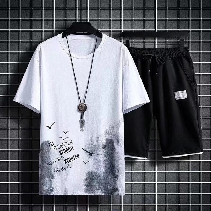 Men's Tracksuits Summer Men's Tracksuit 2 Piece Fashion Casual Print Short-Sleeved T-Shirt and Shorts Sport Suit Clothes for Men Clothing 23
