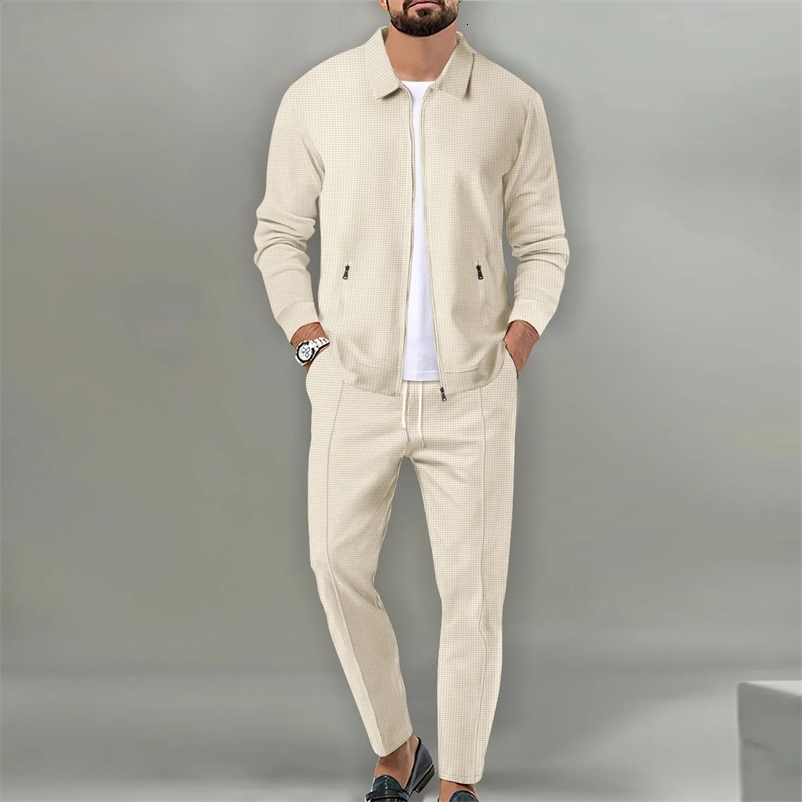 mens jacket polo shirt 2 sets long sleeved casual fashion commercial breathable lapel pants drawstring solid color mens 2 sets 241217