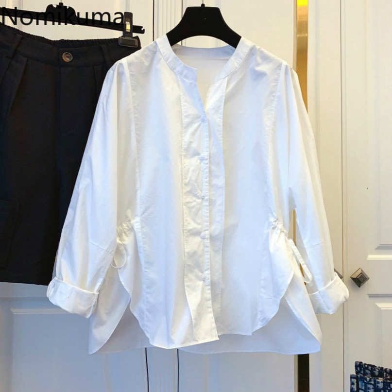 Nomikuma Women Blouses Causal Side Lace Up Split Top Shirts Spring New Long Sleeve O-neck Blusas Feminimos 6E022 210427