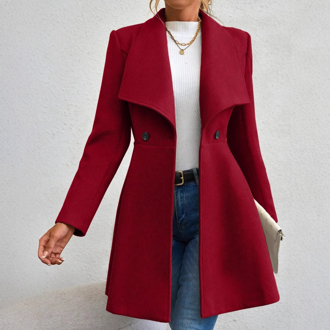 Autumn Winter Coat Slim Fit Long Fashion Turn-down Collar Women's Woolen Jacket