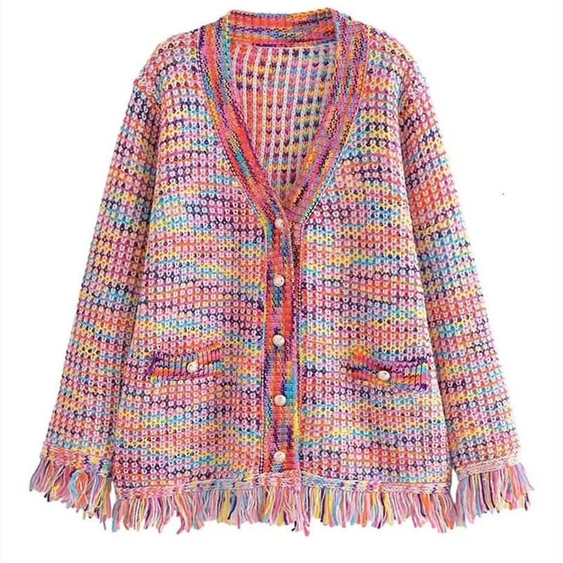Women's Knits Tees Autumn Rainbow Color Knitted Sweater Women Fashion Tassel Decoration Cardigan Vintage Single-Breasted Causal Tops 231006