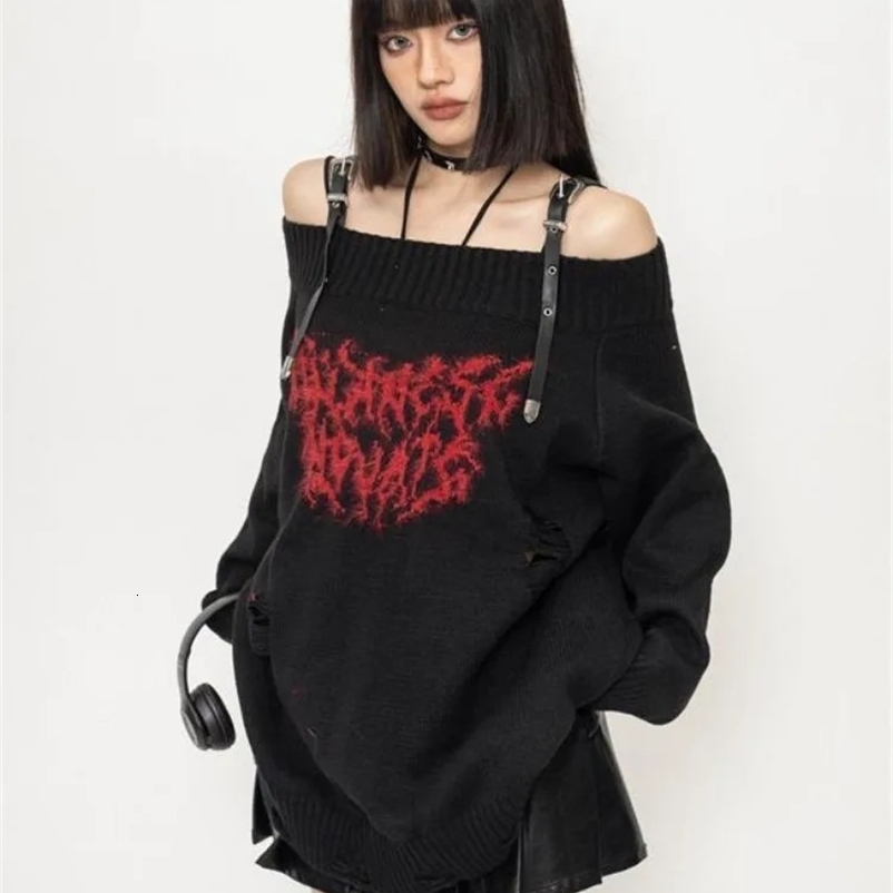 Harajuku Gothic Sexy Off Shoulder Knitted Jumpers Grunge Jacquard Sweater Fashion Knitwear Y2k Aesthetic Slash Neck Pullover 240911