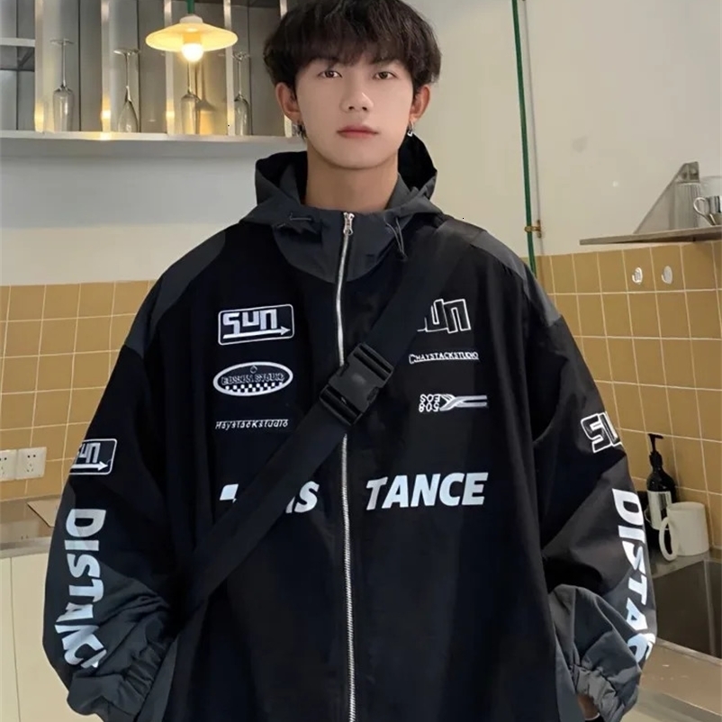 Men High Street Autumn Loose Letter Embroidery Baseball Bomber Outerwear Casual Coat Unisex Y2k Racer Hooded Jackets 240716