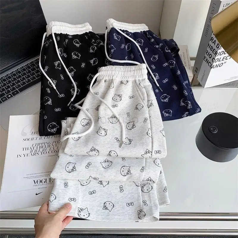 Sanrio Hello Kittys Print Loose Casual Wide Leg Pants Women Summer Fashion Straight Tube Lazy Leisure Comfortable Trousers L250925