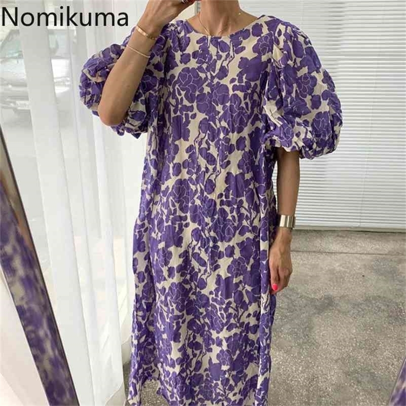 Nomikuma Summer Robe Femme O Neck Puff Sleeve Dress Women Casual Loose Floral Printed Dresses Female Korean Vintage Vestidos 210630