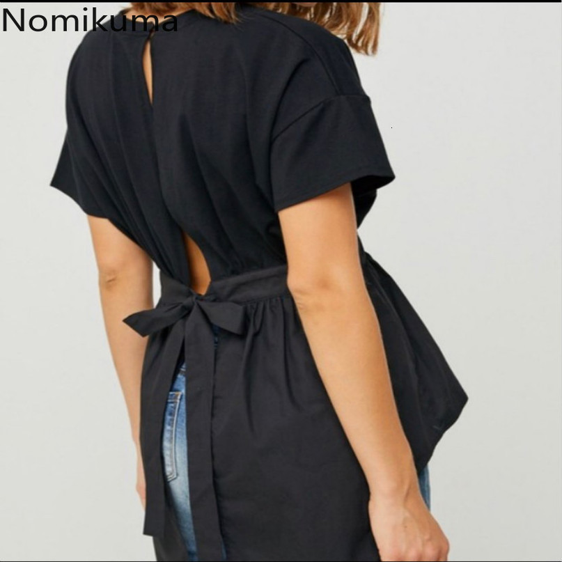 Nomikuma Fashion Summer Backless Bow Bandage Hollow-out Asymmetric Shirt New Women Blouse Tops 6C078 210427