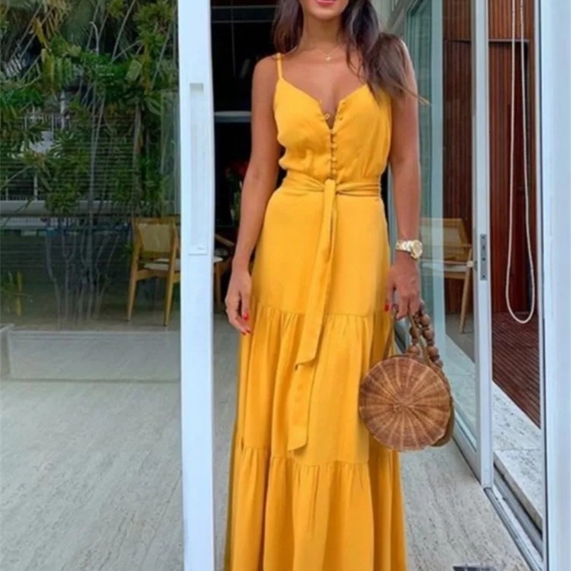 Womens Summer Spaghetti Strap Long Dress Bohemian Style Sleeveless V-neck Elegant Lady Dresses Casual Maxi Beach Party Vestidos 250303 C260312