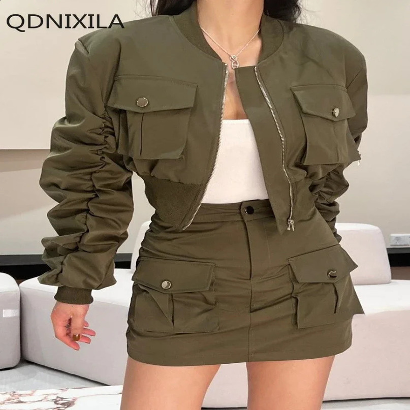 Baseball Collar Zipper Womens Jacket High Waist Slim Ashaped Skirt Tooling Wind Two Piece Set for Women Short Sets Y2k 240727