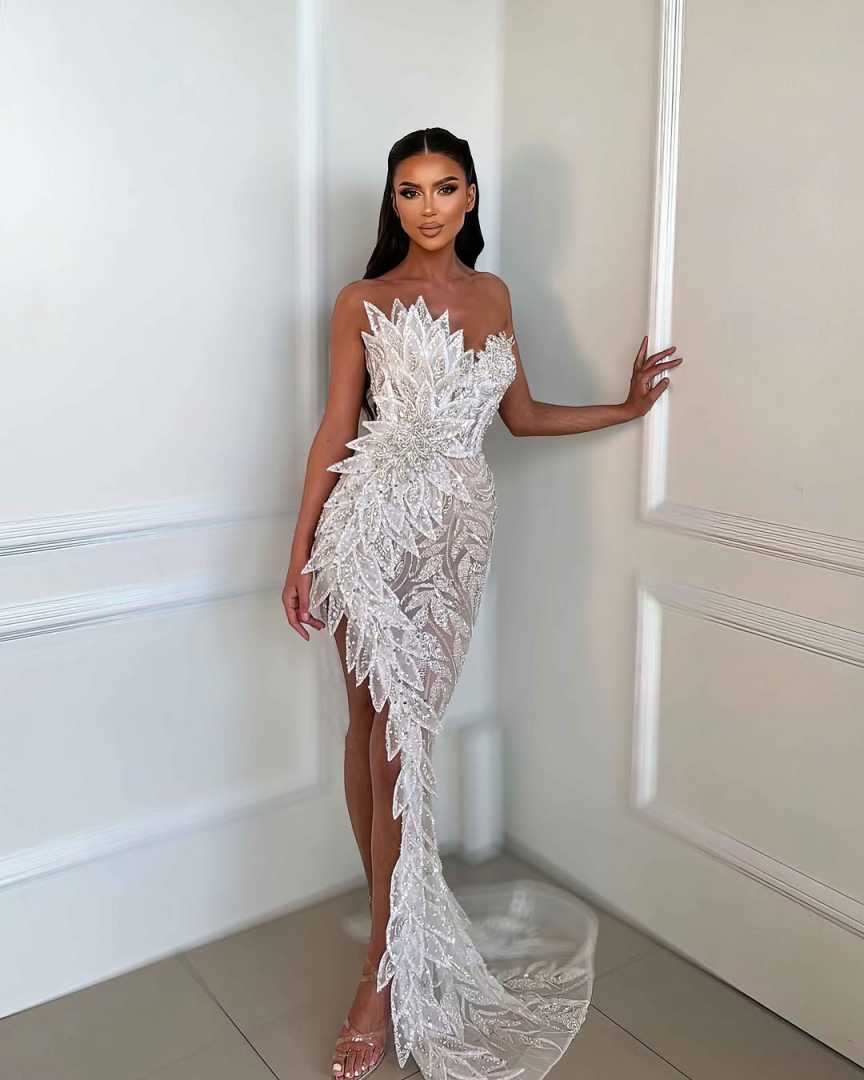 Couture Handmade 3D Leaf Party Dress Sparkle Dubai Side Slit Prom Gown Vestidos De Fiesta Night Gown Customized Birthday