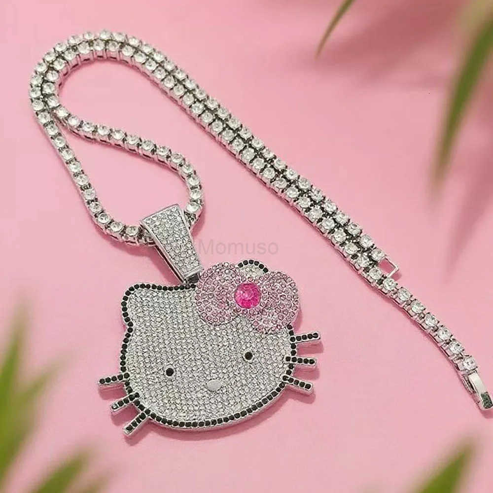 Sanrio Fashion Kawaii Hello Kitty Necklace Diamond Anime Pendant Cuban Chain Hip Hop Accessories Girl Gifts H251106