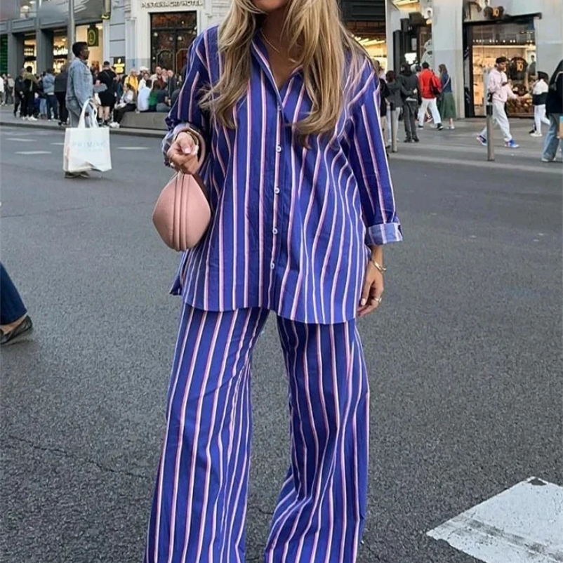 ZBZA Womens Oversized Striped Shirt Pants Suit Lapel Long Sleeves Top High Elastic Waist Pockets Straight Leg Pants Female Set 241217