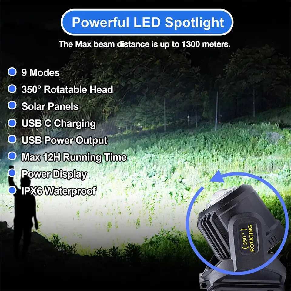 Solar Rechargeable Led Flashlight Lights Waterproof Light Torch Super Bright Work Powerful Searchlight Handheld Bright Spotlight J250925