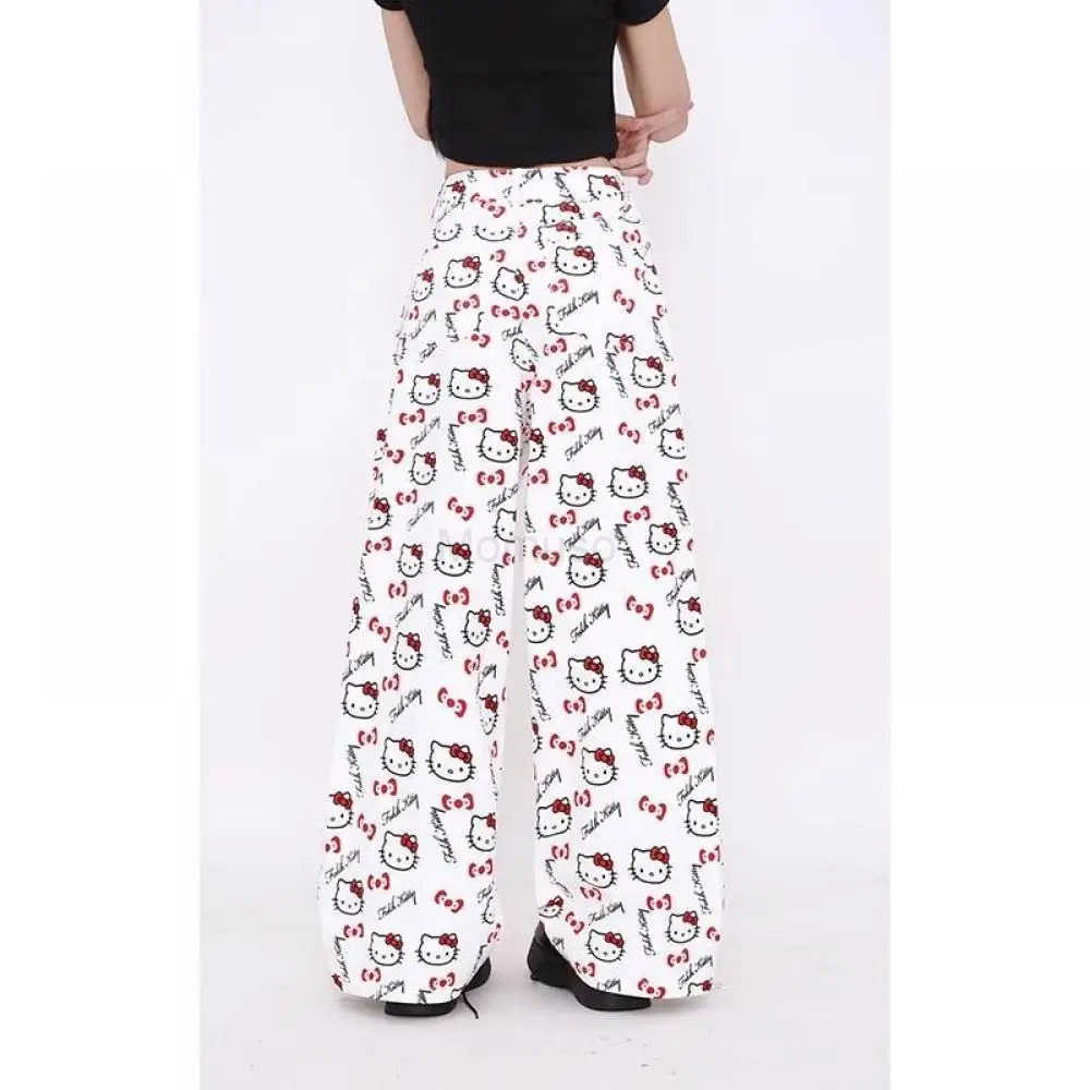 Sanrio Anime Jeans Y2K Hello Kitty Cartoon Comfort Loose Wide Leg Pants Cute American Retro Straight Leg Pants Sweet Girls Gift L250925