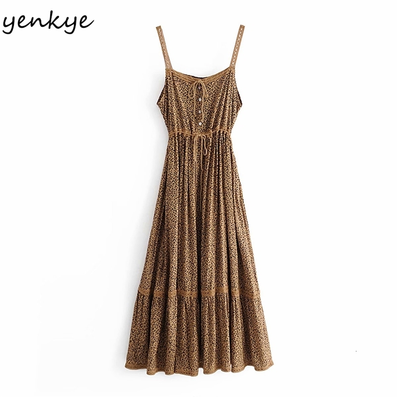 YENKYE Sexy Spaghetti Strap Vintage Leopard Dress Women Sleeveless Drawstring Waist A-line Casual Sling Long Dress Summer Robe 210515